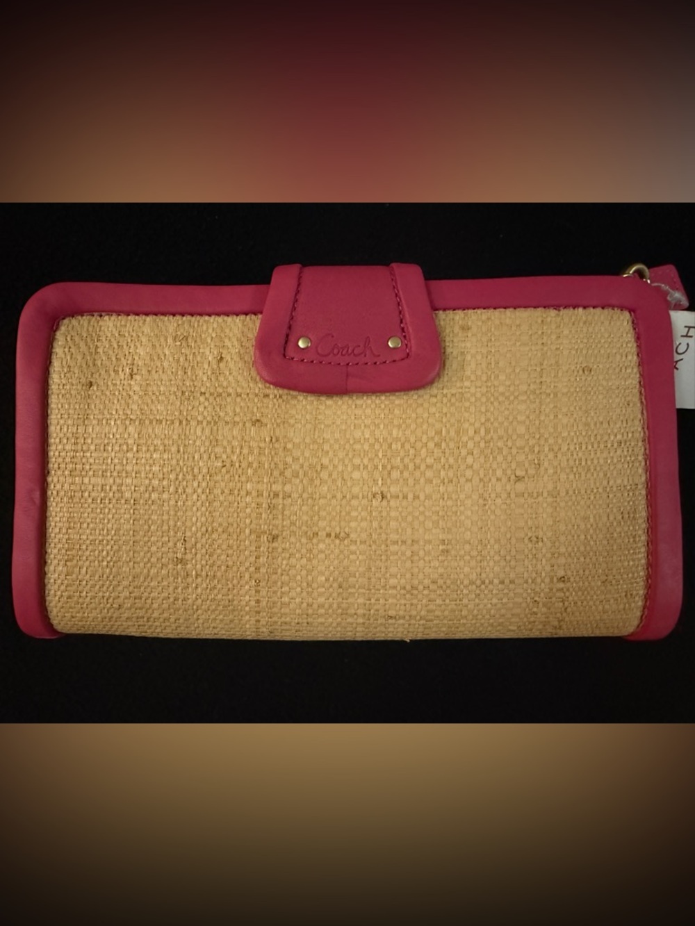 NWT COACH Pink leather Trim Straw Wristlet clutch bag - Picture 2 of 6